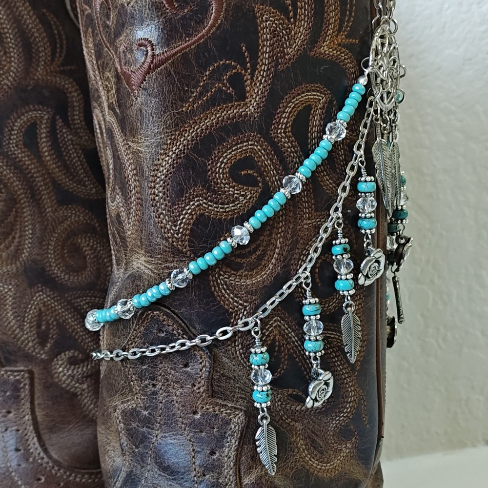 One Of A Kind Turquoise Silver Dreamcatcher Crystal Boot Bracelet Boot Chain - Picture 4 of 8